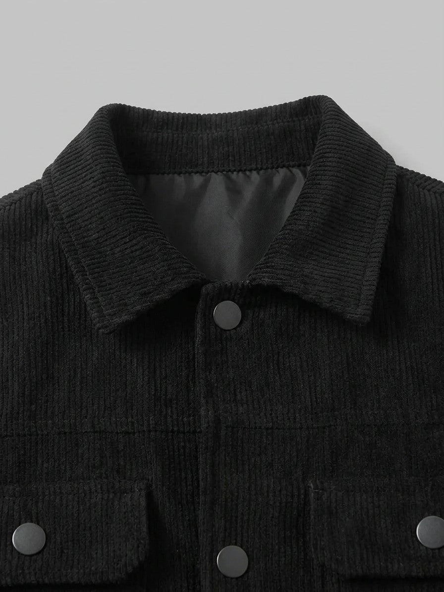 Rosignano Men's Corduroy Snap-Front Trucker Jacket — black — detail-2