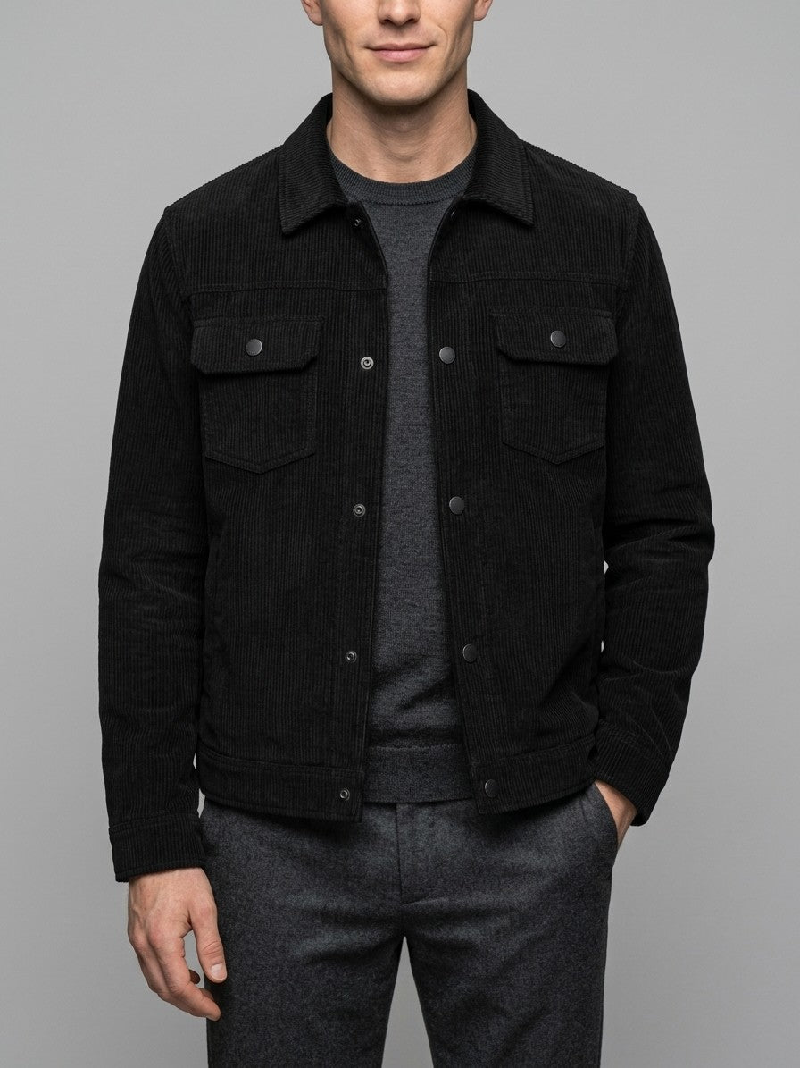 Rosignano Men's Corduroy Snap-Front Trucker Jacket — black — front