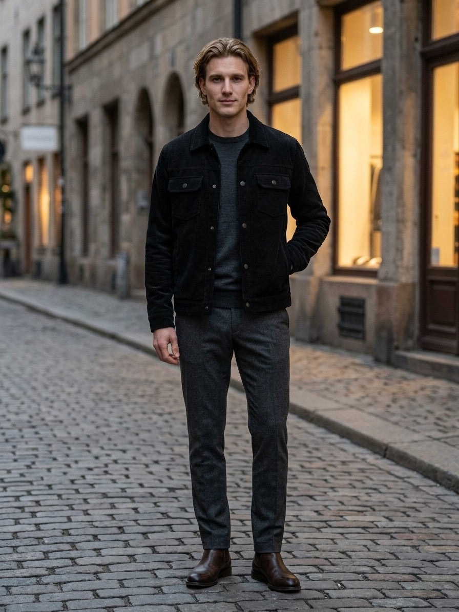 Rosignano Men's Corduroy Snap-Front Trucker Jacket — black — lifestyle