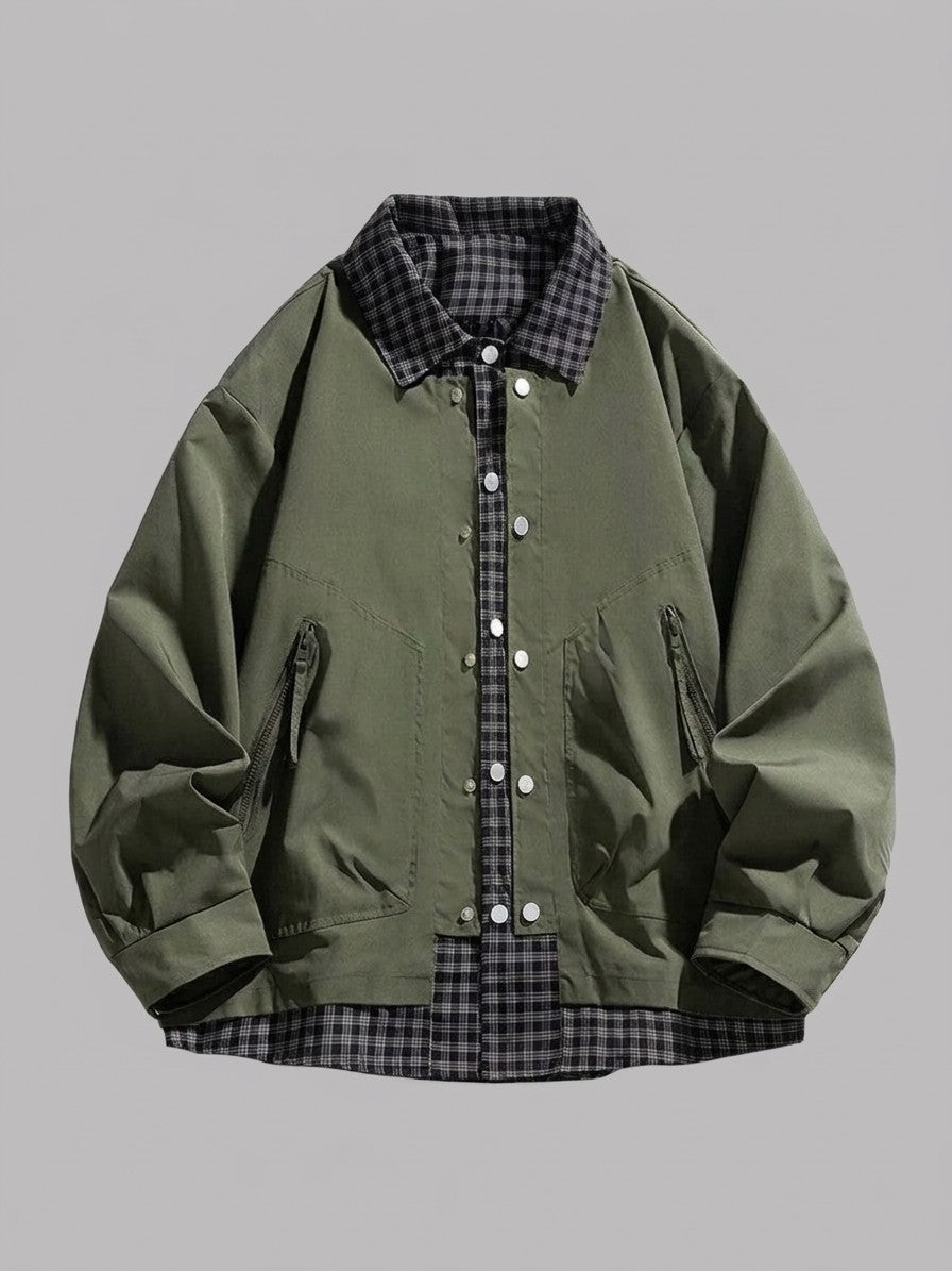 Rossano Men's Layered Plaid-Trim Work Jacket — armygreen — packshot