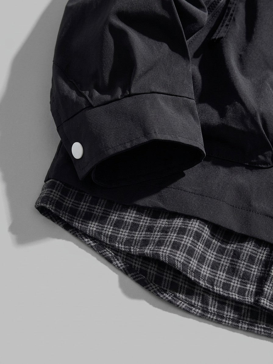 Rossano Men's Layered Plaid-Trim Work Jacket — black — detail-collar