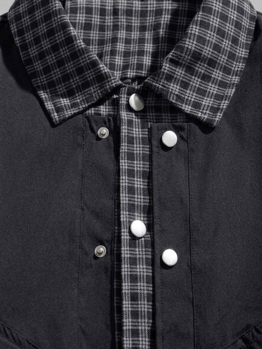 Rossano Men's Layered Plaid-Trim Work Jacket — black — detail