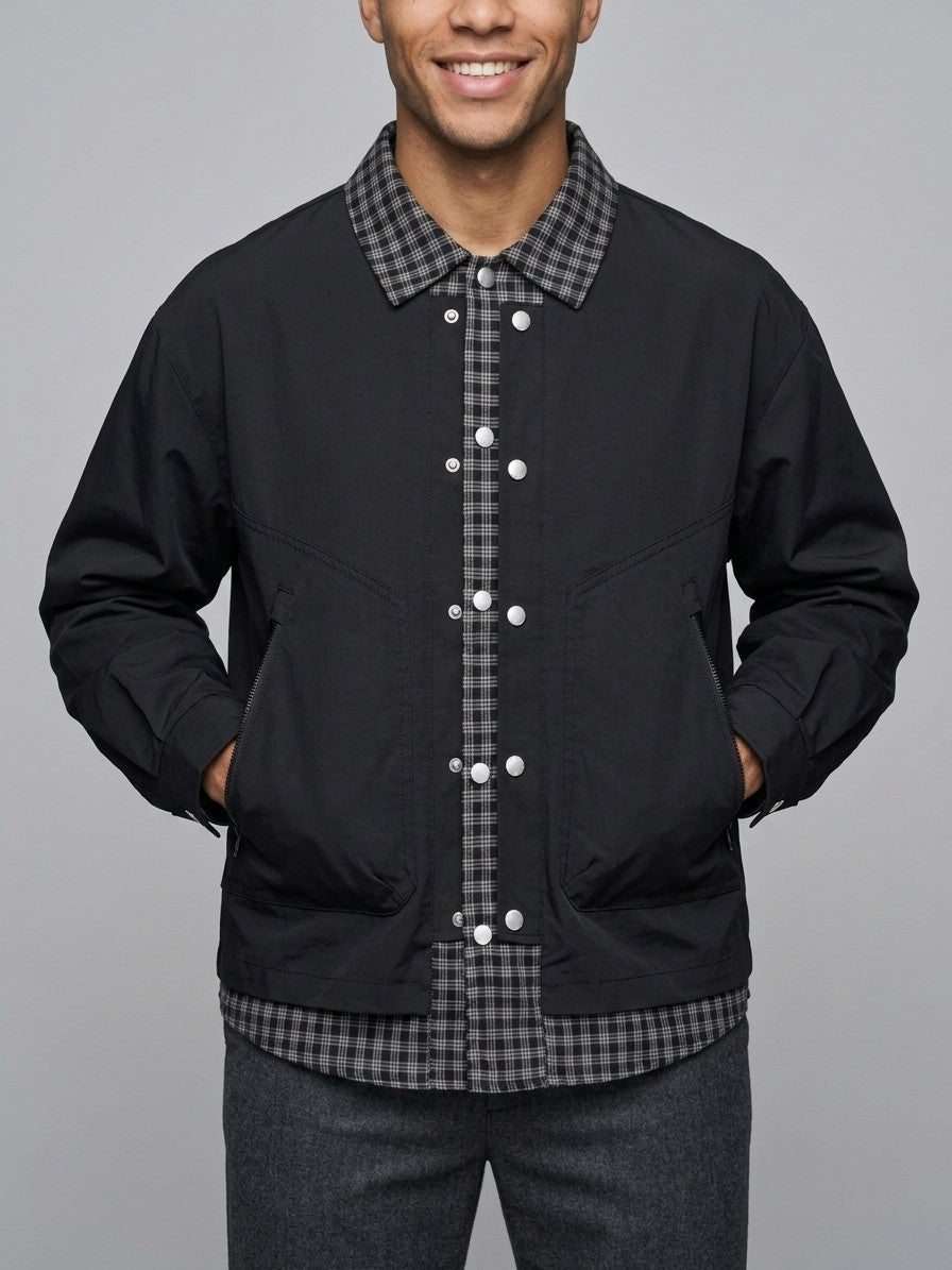 Rossano Men's Layered Plaid-Trim Work Jacket — black — front