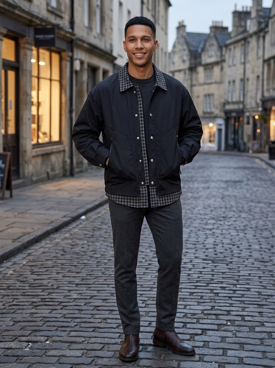Rossano Men's Layered Plaid-Trim Work Jacket — black — lifestyle