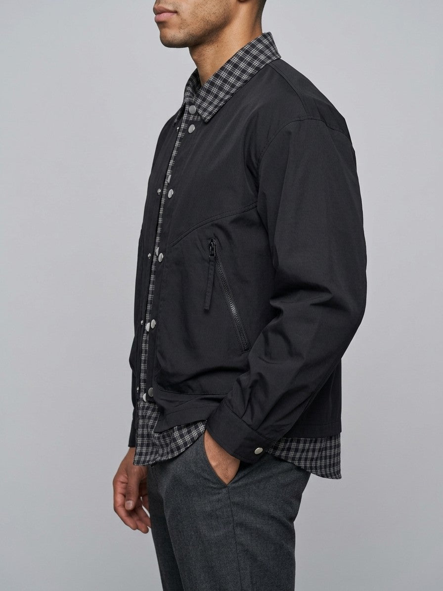 Rossano Men's Layered Plaid-Trim Work Jacket — black — side