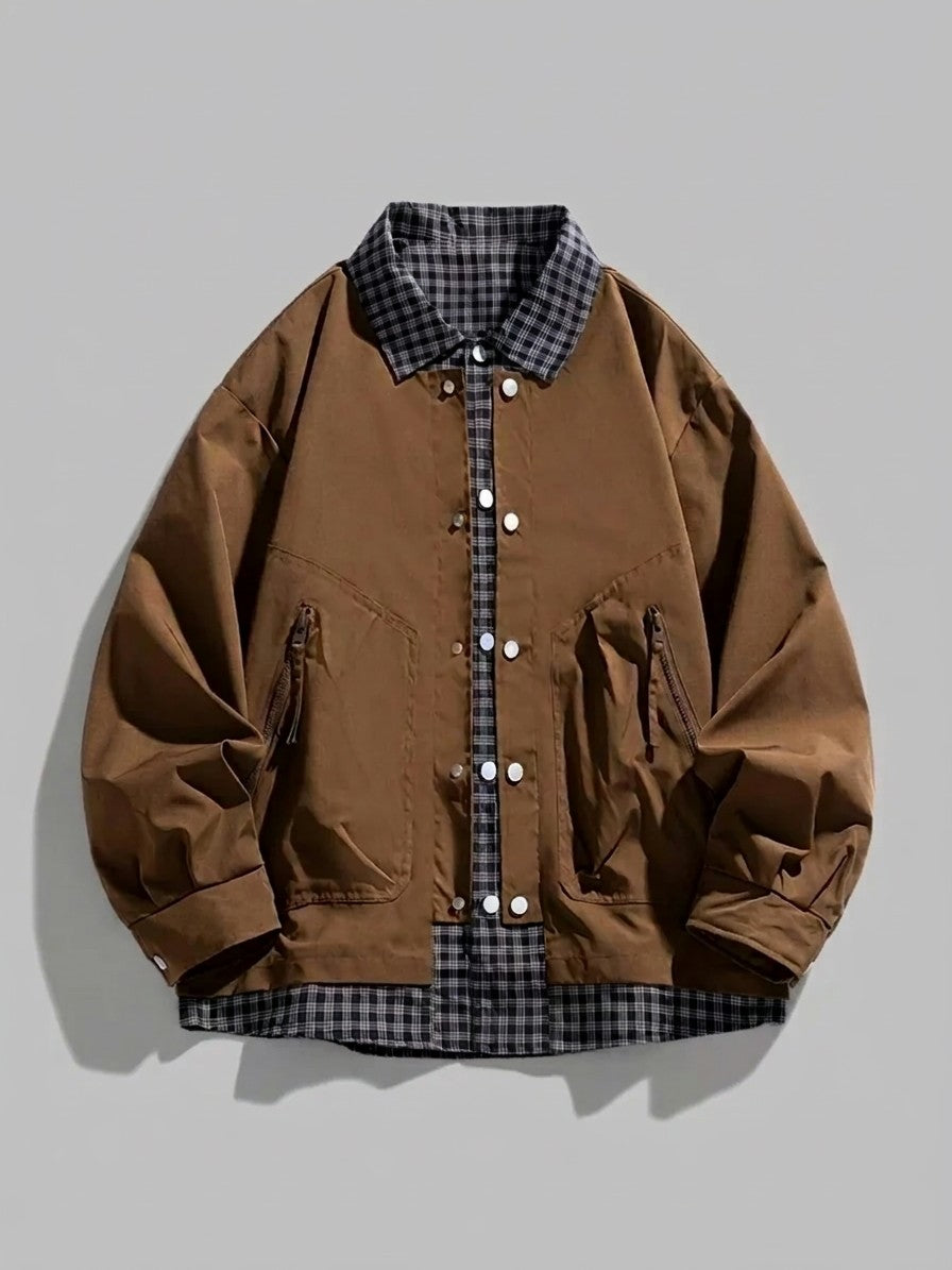 Rossano Men's Layered Plaid-Trim Work Jacket — brown — packshot