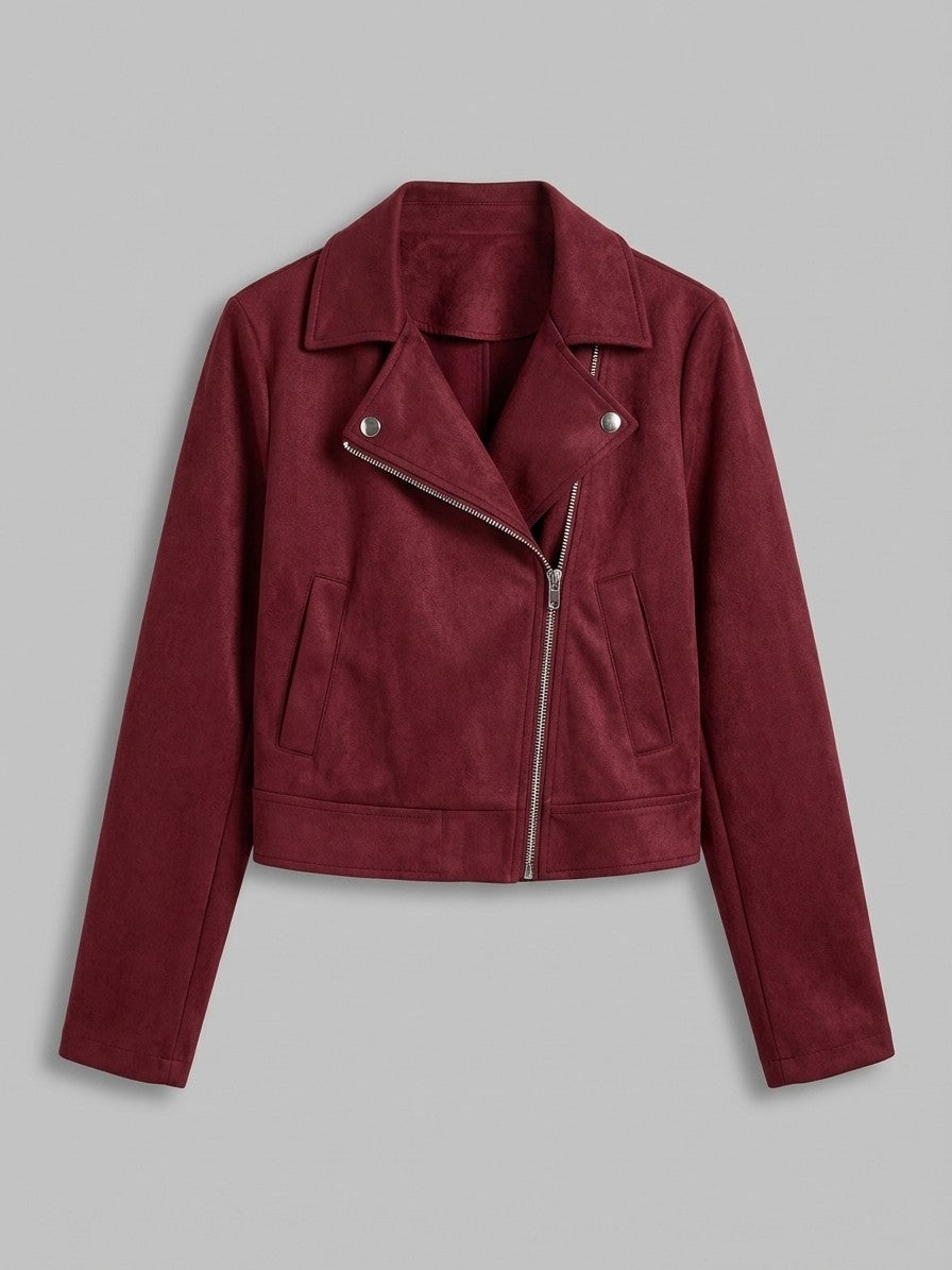 Rovereto Women's Asymmetric Suede Moto Jacket — burgundy — packshot