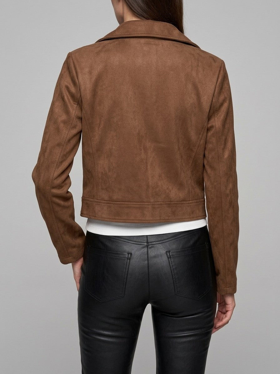 Rovereto Women's Asymmetric Suede Moto Jacket — coffeebrown — back