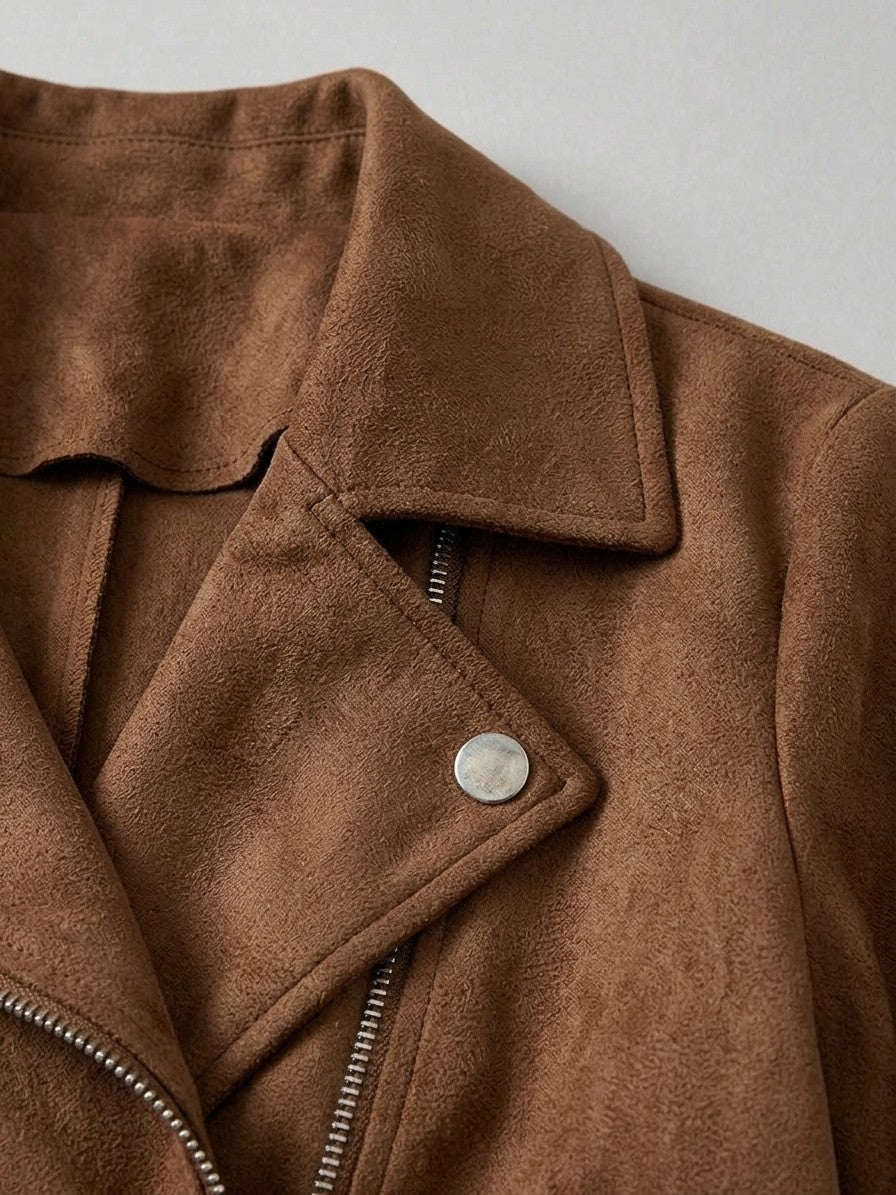 Rovereto Women's Asymmetric Suede Moto Jacket — coffeebrown — detail-2