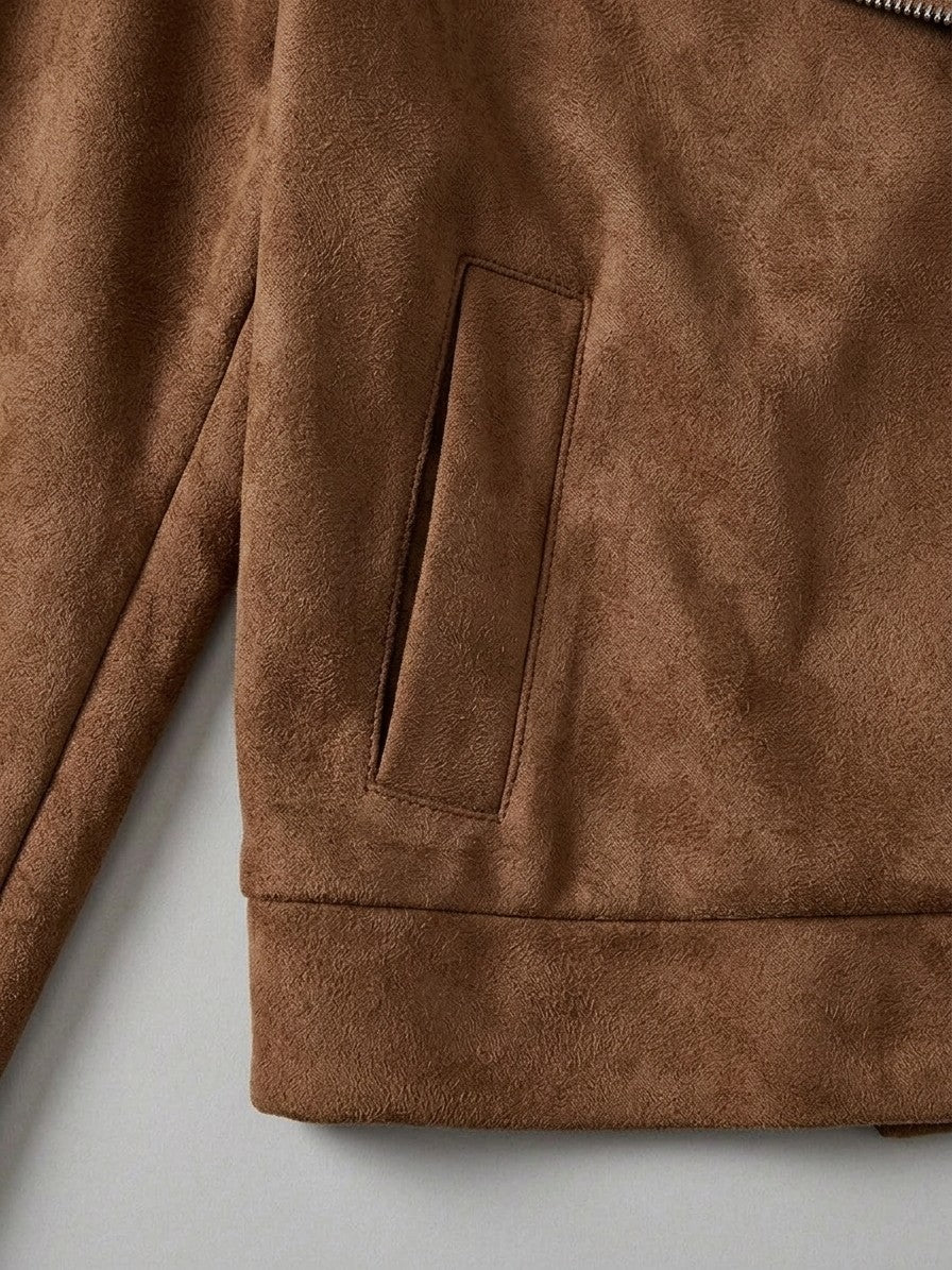 Rovereto Women's Asymmetric Suede Moto Jacket — coffeebrown — detail-collar
