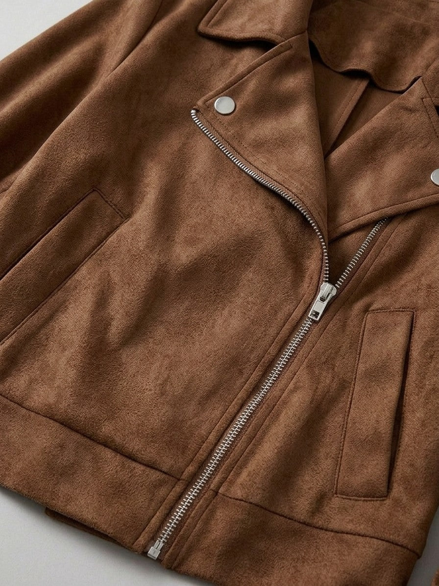 Rovereto Women's Asymmetric Suede Moto Jacket — coffeebrown — detail
