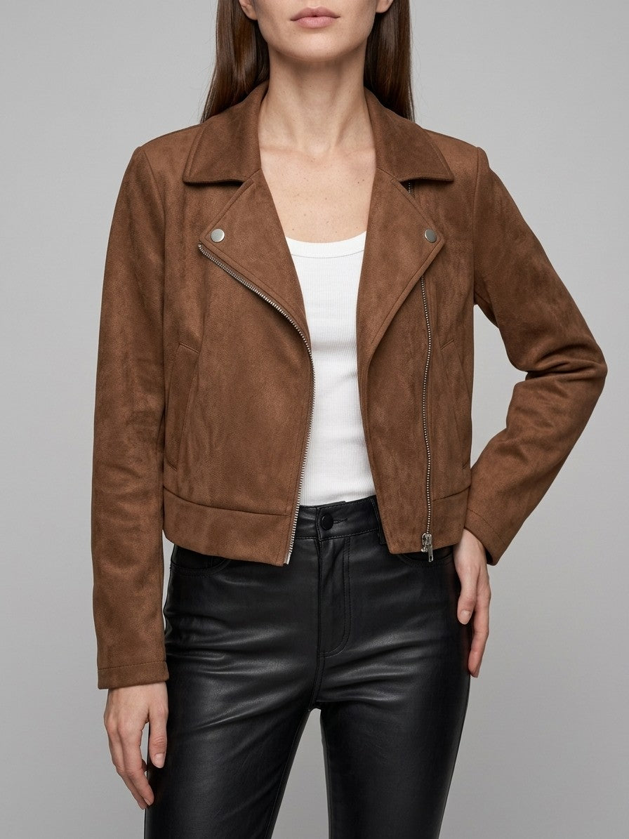 Rovereto Women's Asymmetric Suede Moto Jacket — coffeebrown — front