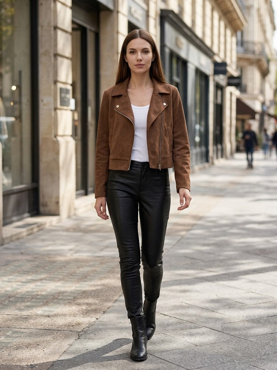 Rovereto Women's Asymmetric Suede Moto Jacket — coffeebrown — lifestyle