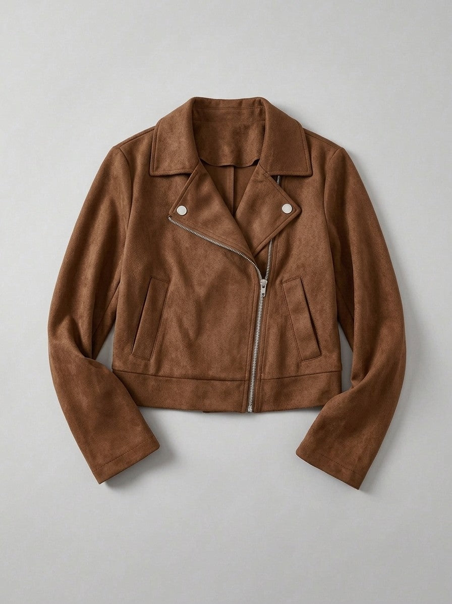 Rovereto Women's Asymmetric Suede Moto Jacket — coffeebrown — packshot