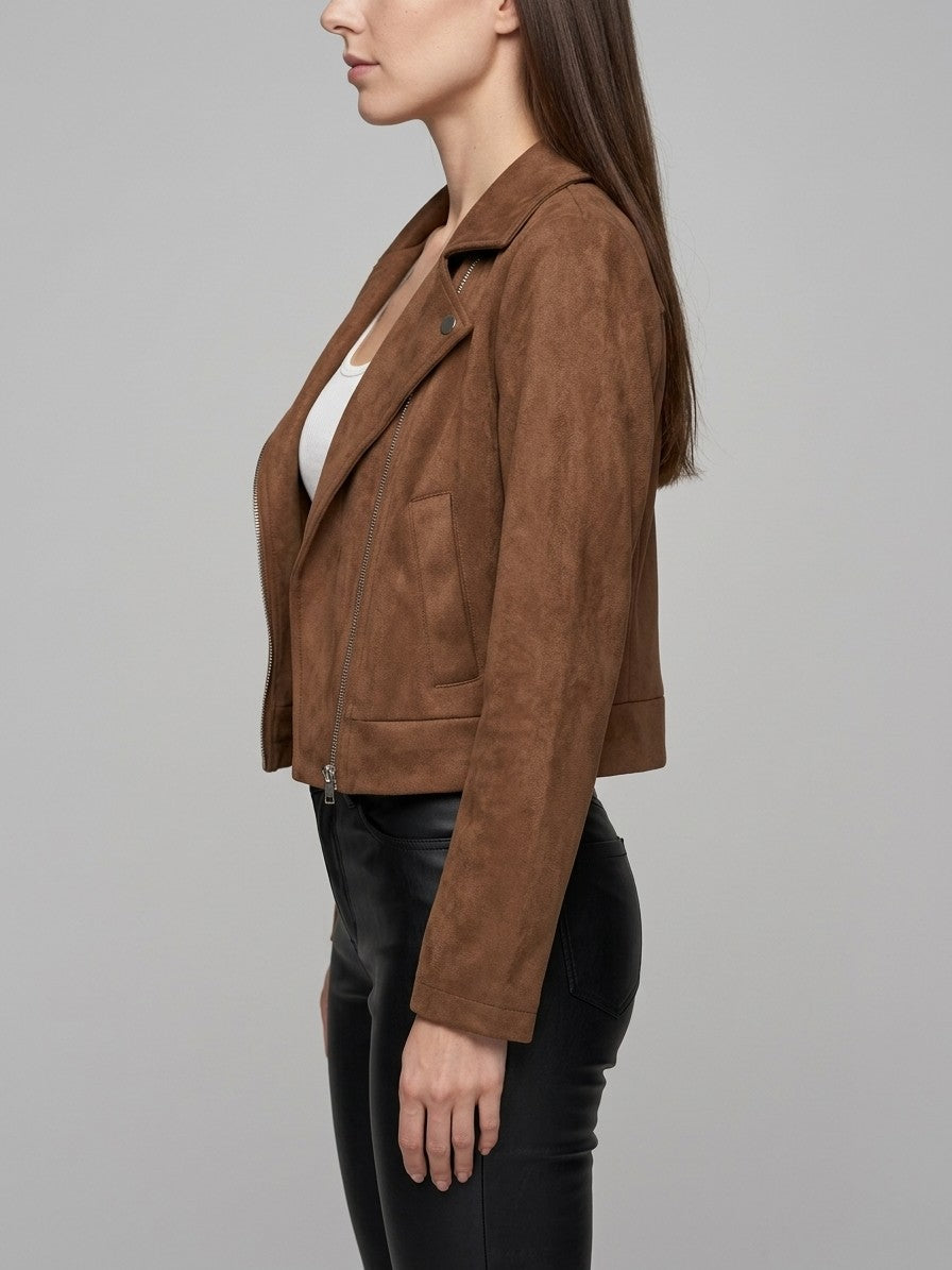 Rovereto Women's Asymmetric Suede Moto Jacket — coffeebrown — side