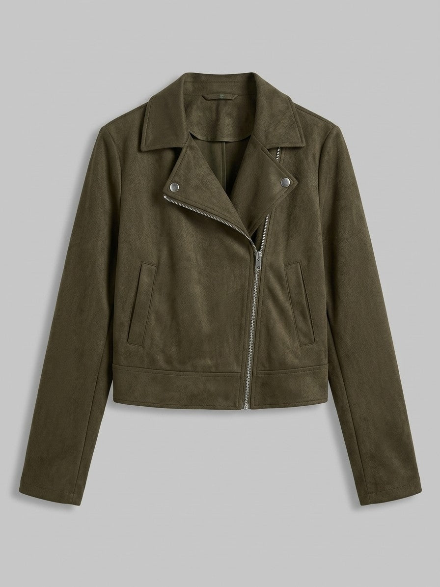 Rovereto Women's Asymmetric Suede Moto Jacket — green — packshot