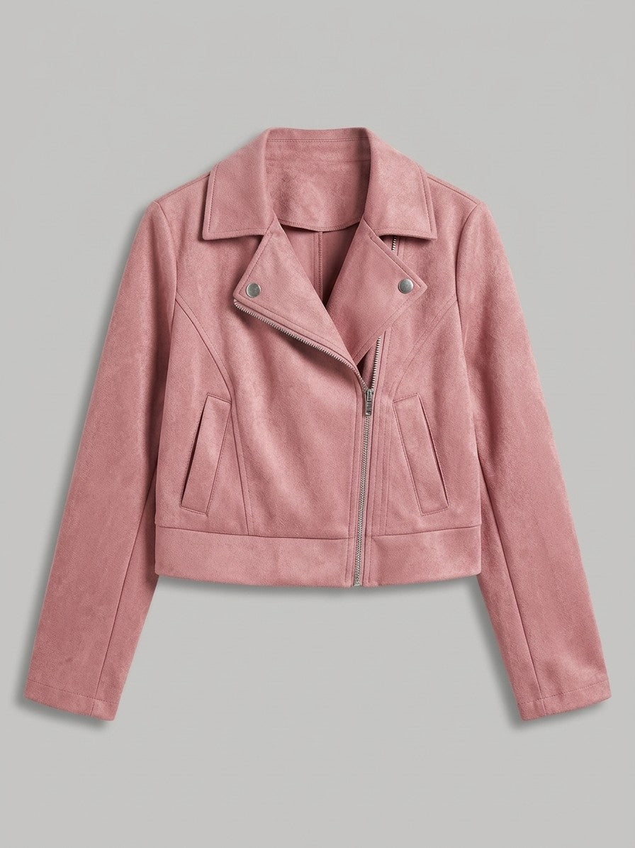 Rovereto Women's Asymmetric Suede Moto Jacket — pink — packshot