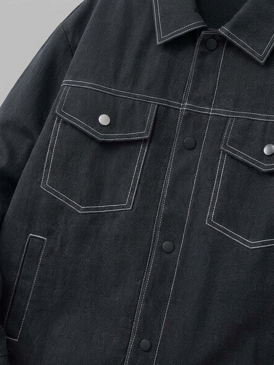 Rovigo Men's Oversized Snap Denim Jacket — black — detail-2
