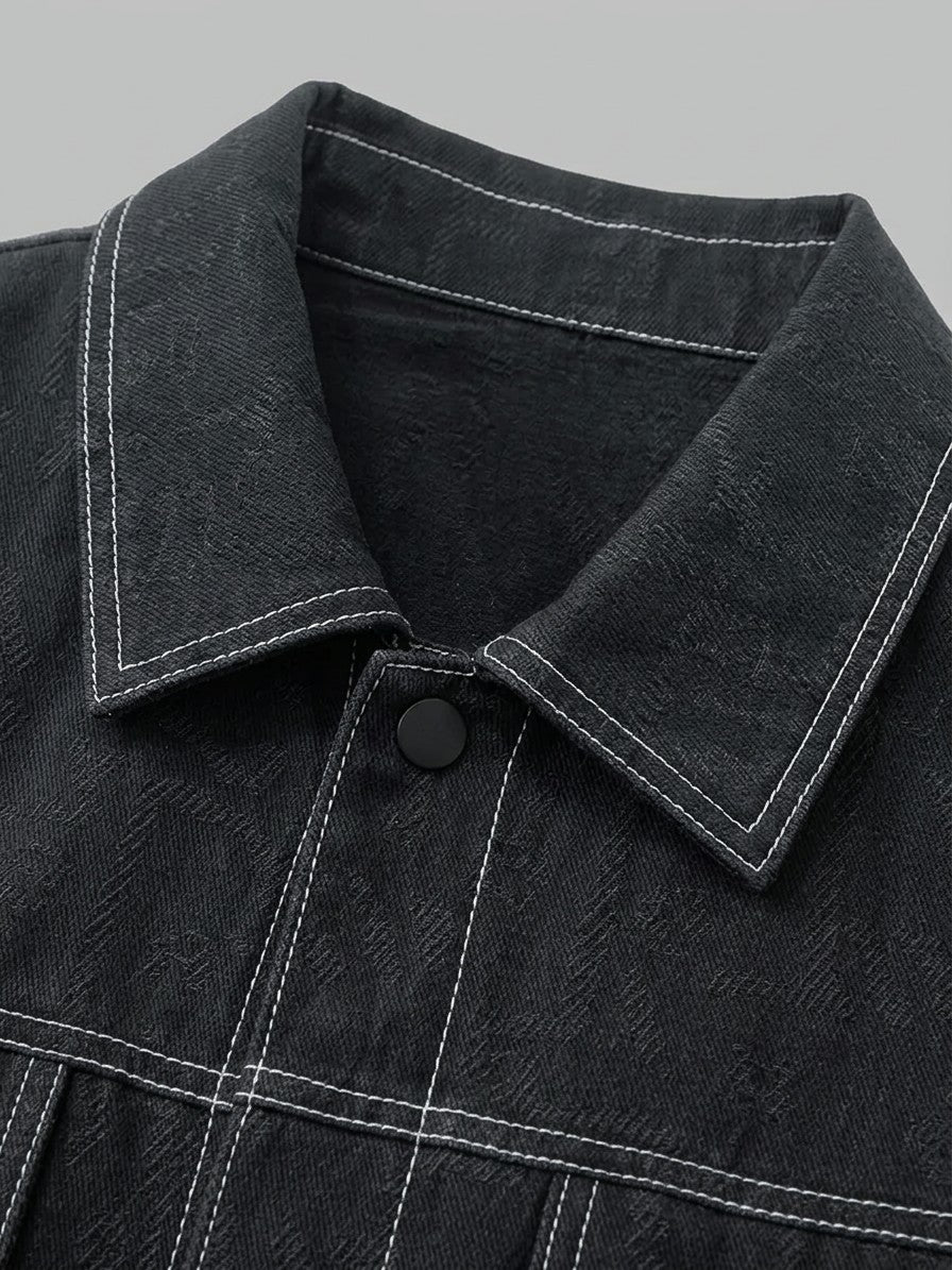Rovigo Men's Oversized Snap Denim Jacket — black — detail-collar