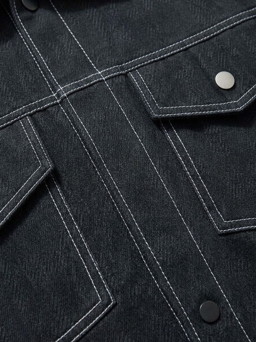 Rovigo Men's Oversized Snap Denim Jacket — black — detail