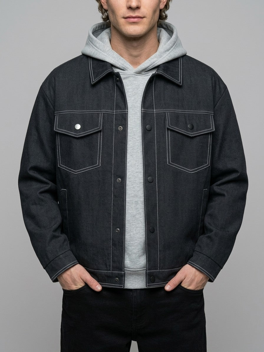 Rovigo Men's Oversized Snap Denim Jacket — black — front