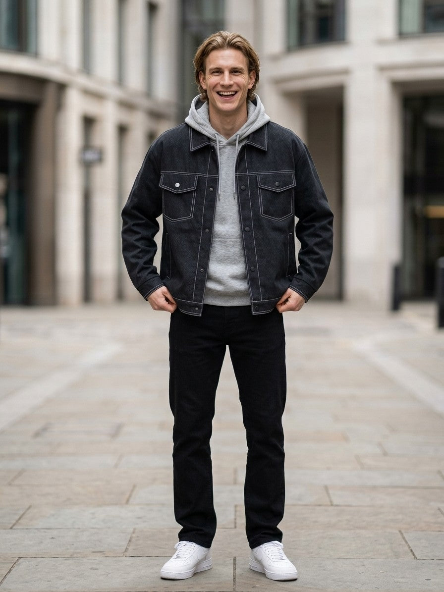 Rovigo Men's Oversized Snap Denim Jacket — black — lifestyle