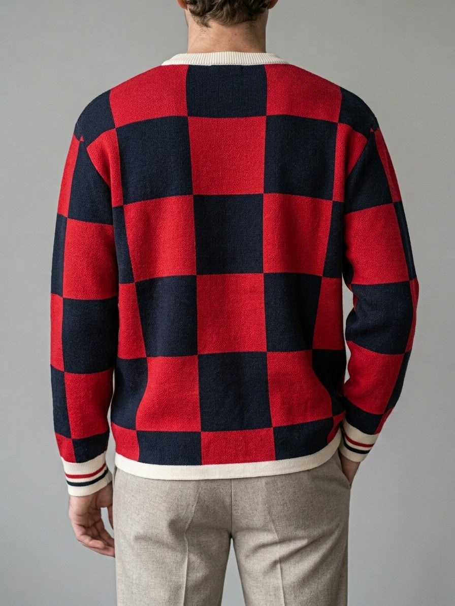 Sabbioneta Men's Checkerboard Knit Sweater — rednavy — back