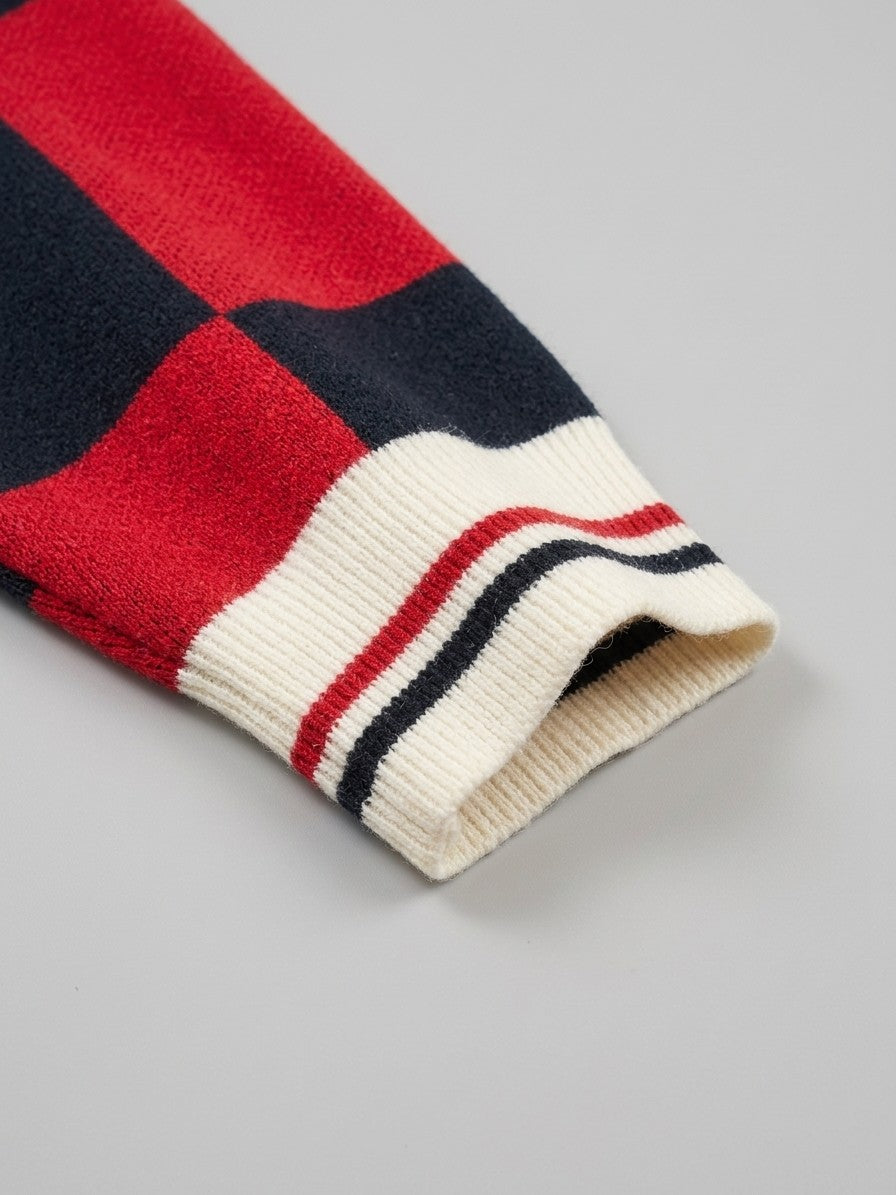 Sabbioneta Men's Checkerboard Knit Sweater — rednavy — detail-collar