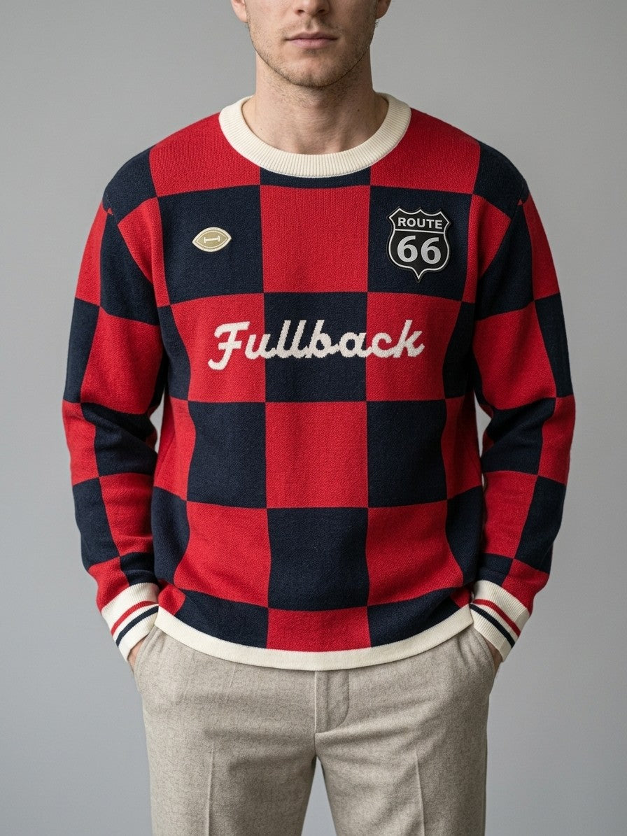 Sabbioneta Men's Checkerboard Knit Sweater — rednavy — front