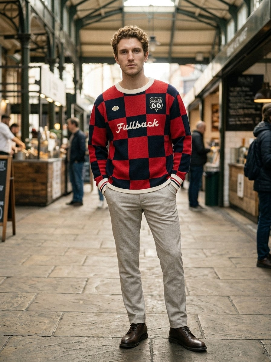 Sabbioneta Men's Checkerboard Knit Sweater — rednavy — lifestyle