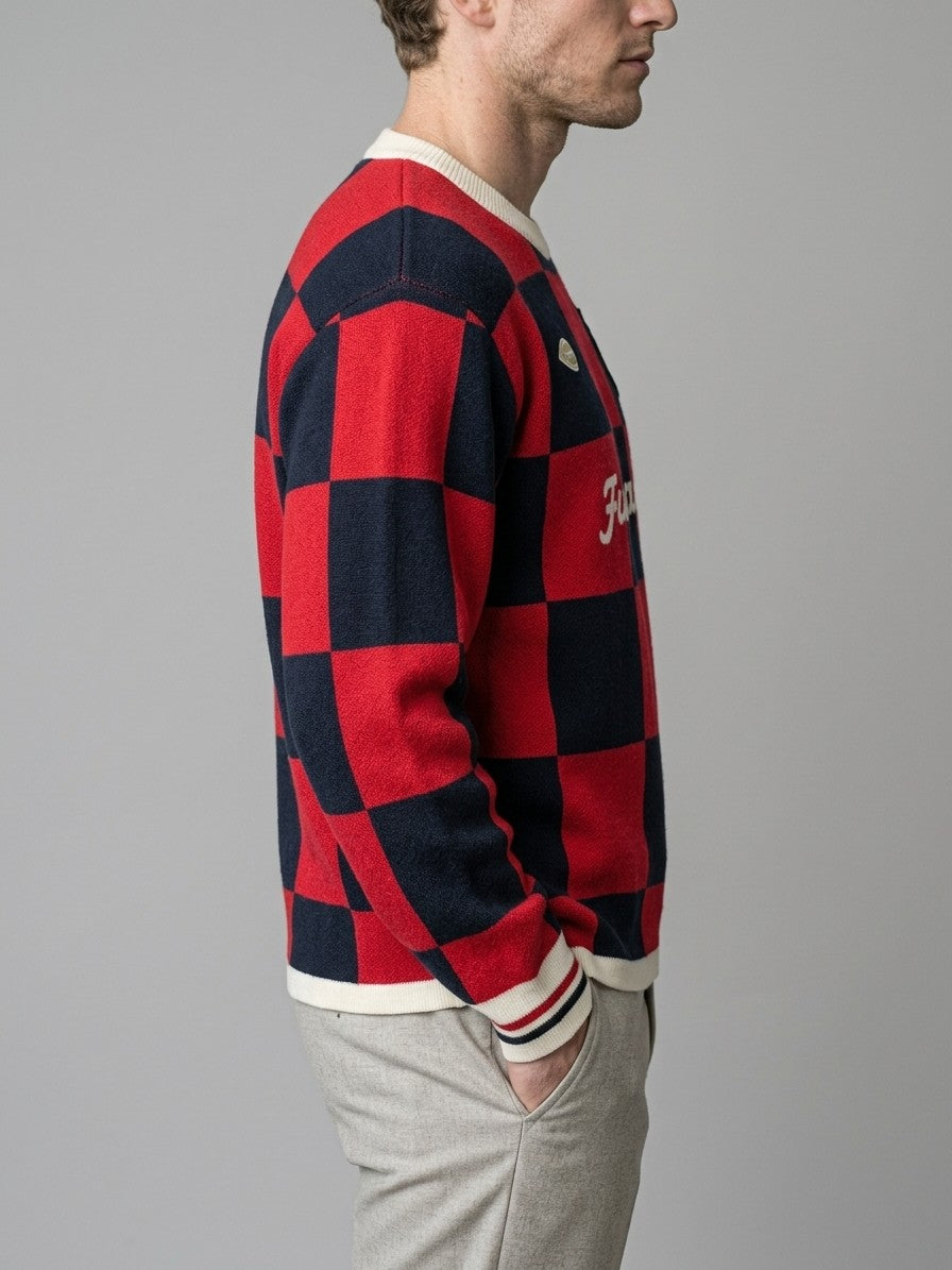 Sabbioneta Men's Checkerboard Knit Sweater — rednavy — side