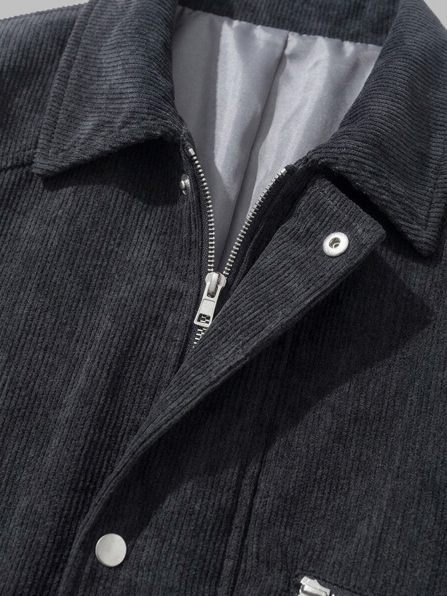 Sacile Men's Corduroy Flap-Pocket Bomber Jacket — black — detail-2