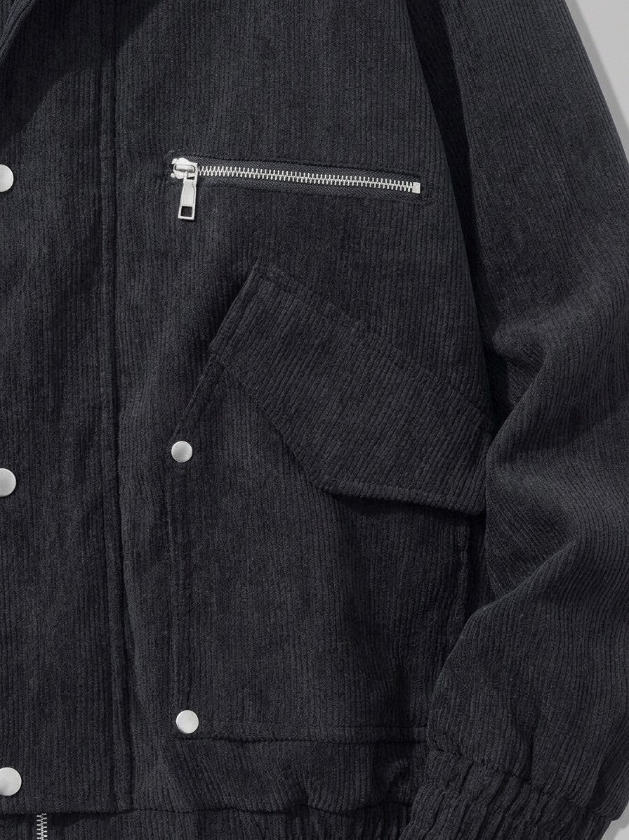 Sacile Men's Corduroy Flap-Pocket Bomber Jacket — black — detail-collar