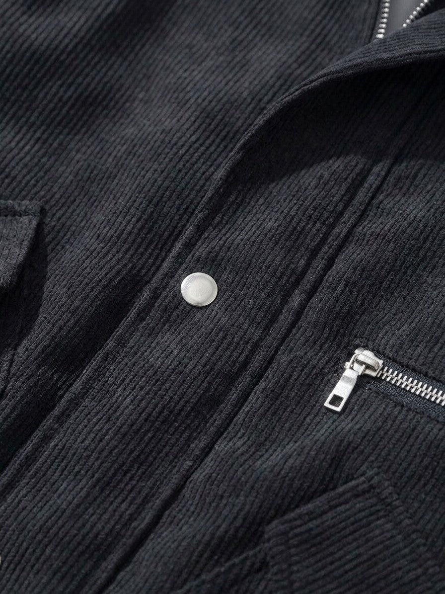 Sacile Men's Corduroy Flap-Pocket Bomber Jacket — black — detail