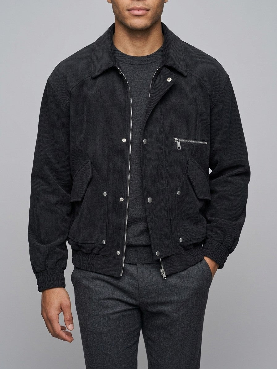 Sacile Men's Corduroy Flap-Pocket Bomber Jacket — black — front