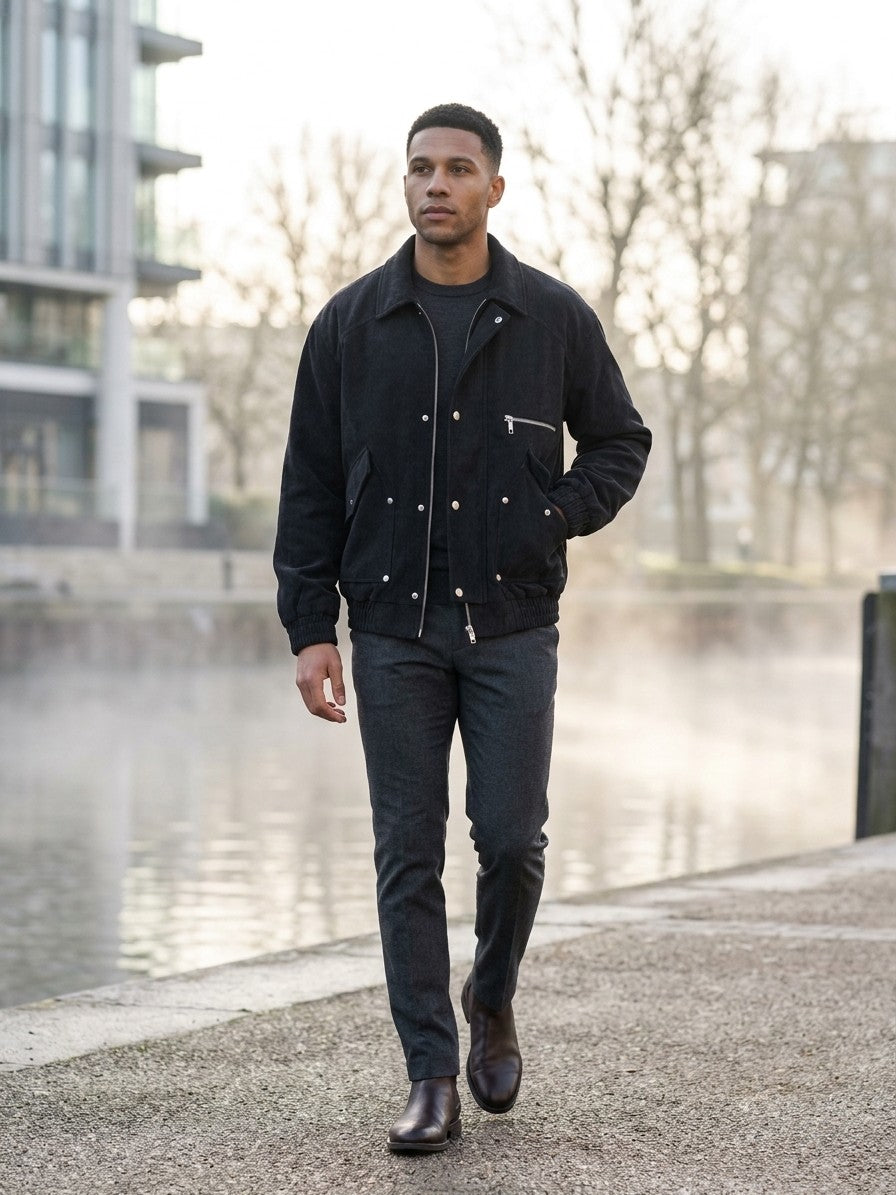 Sacile Men's Corduroy Flap-Pocket Bomber Jacket — black — lifestyle