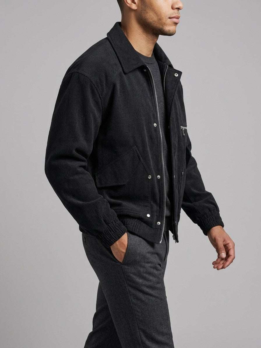 Sacile Men's Corduroy Flap-Pocket Bomber Jacket — black — side
