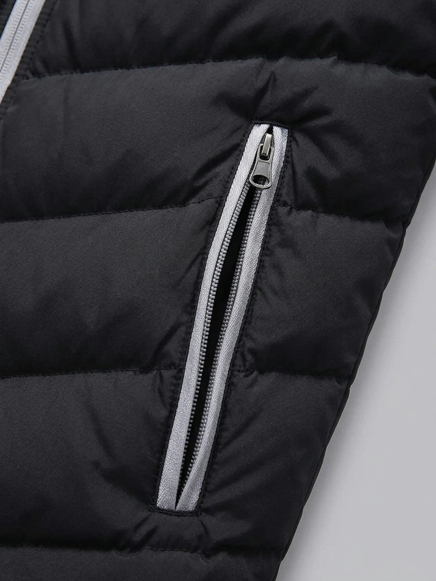 Salina Men's Chevron Quilted Hooded Puffer Jacket — blackgray — detail-collar