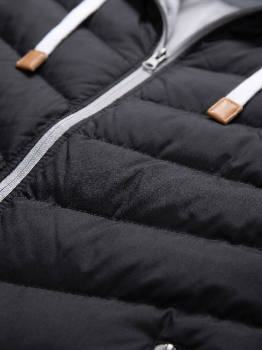 Salina Men's Chevron Quilted Hooded Puffer Jacket — blackgray — detail