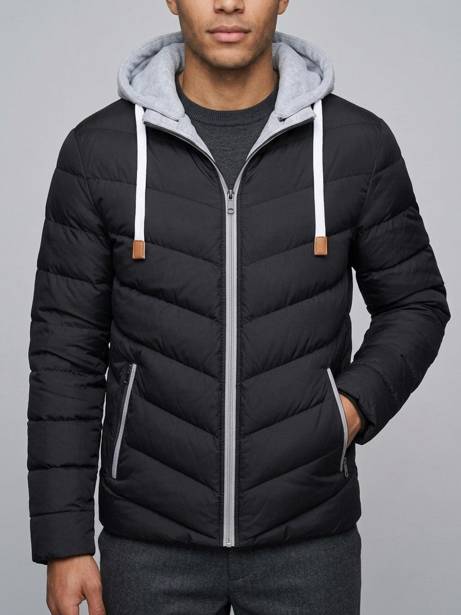 Salina Men's Chevron Quilted Hooded Puffer Jacket — blackgray — front