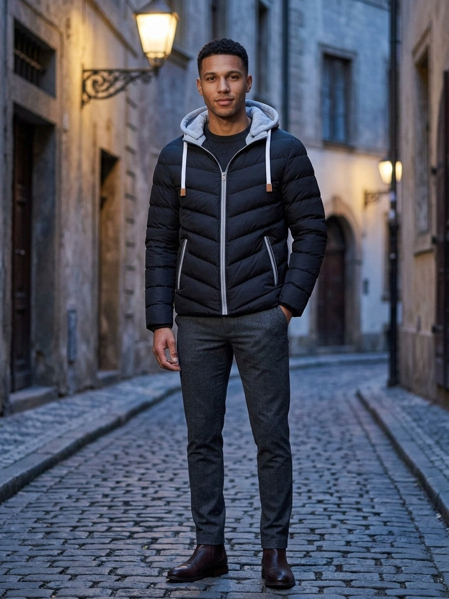 Salina Men's Chevron Quilted Hooded Puffer Jacket — blackgray — lifestyle