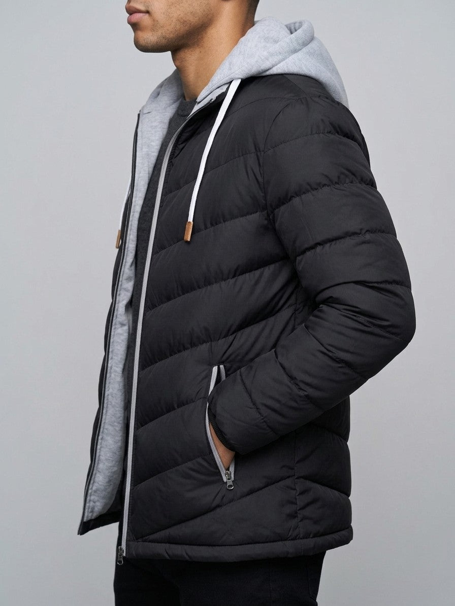 Salina Men's Chevron Quilted Hooded Puffer Jacket — blackgray — side