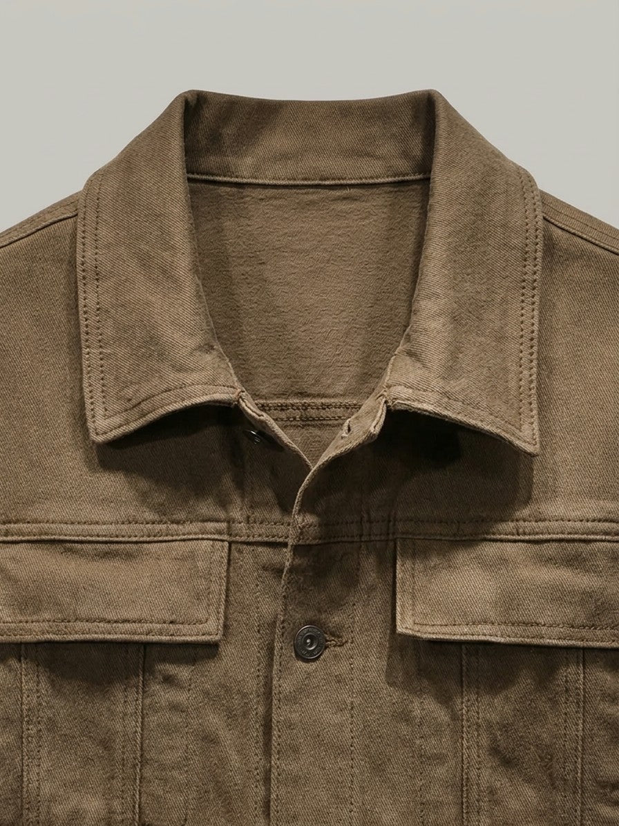 Salo Men's Denim Jacket with Chest Pockets — coffee — detail-collar