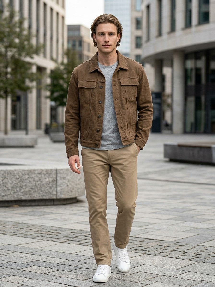 Salo Men's Denim Jacket with Chest Pockets — coffee — lifestyle