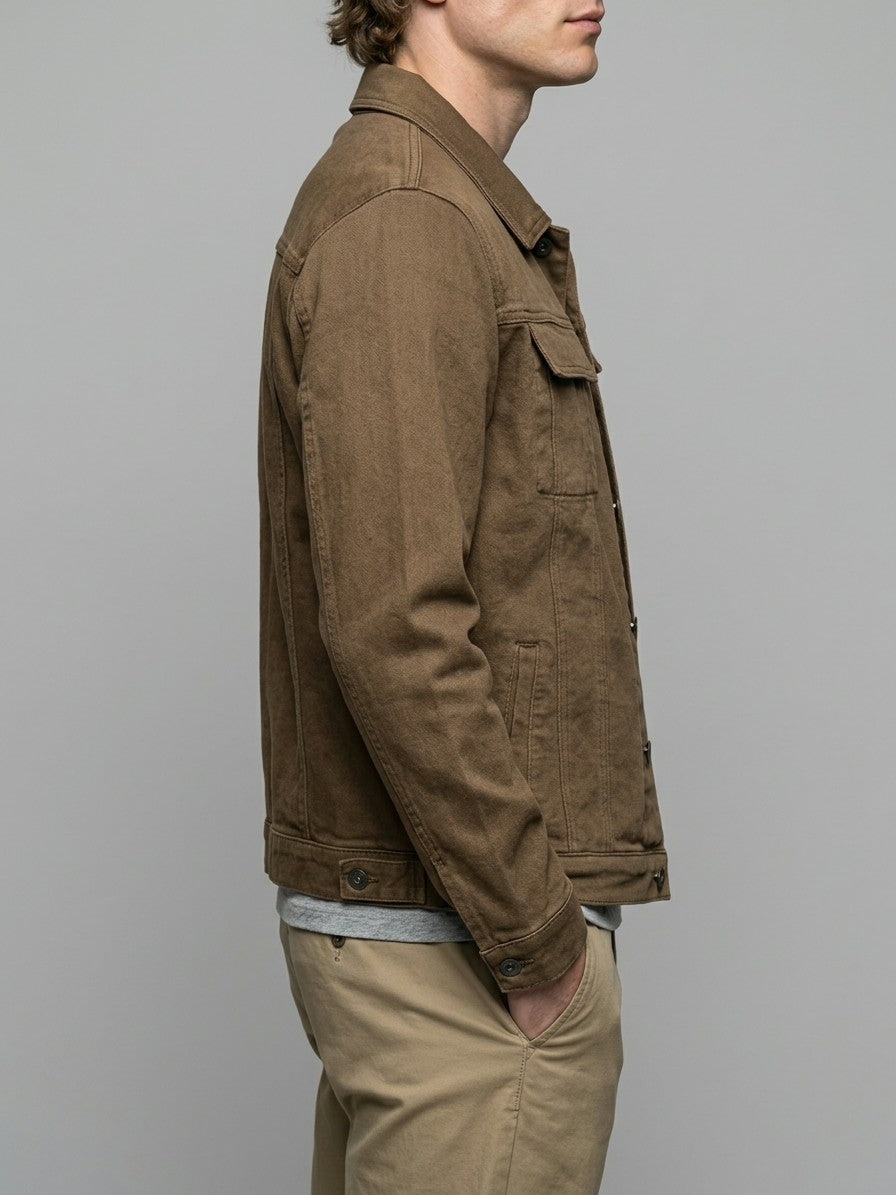 Salo Men's Denim Jacket with Chest Pockets — coffee — side
