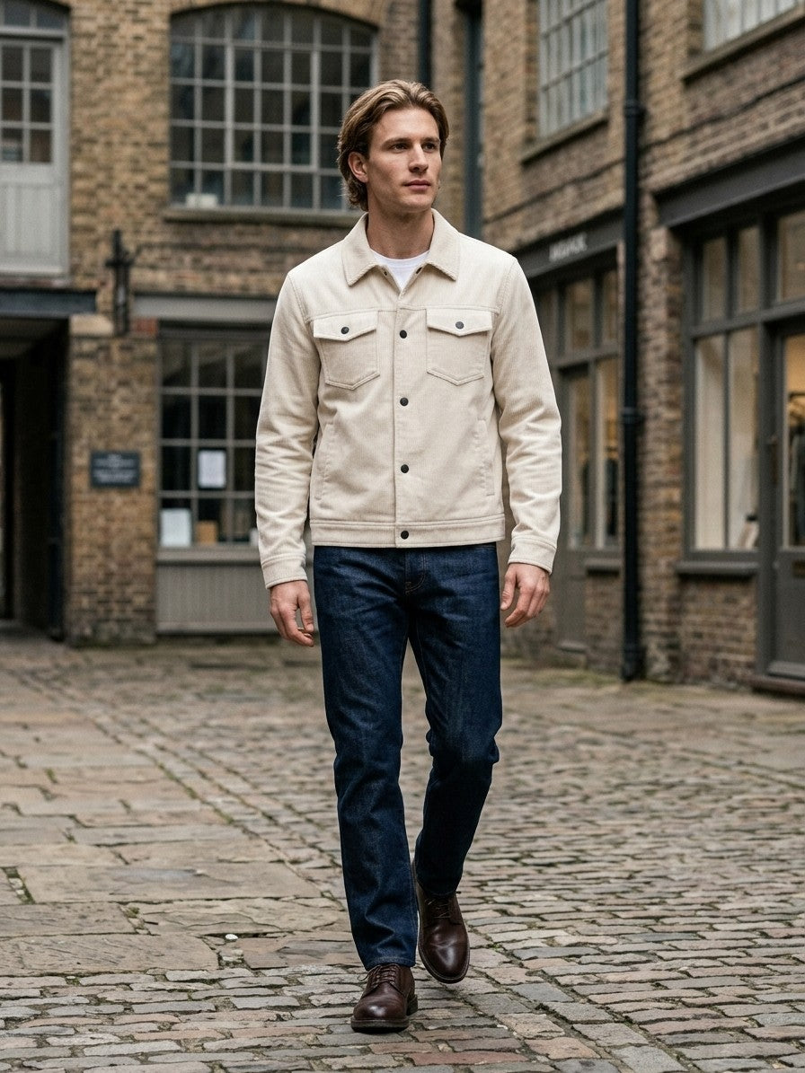 Salsomaggiore Men's Snap-Front Corduroy Trucker Jacket — cream — lifestyle