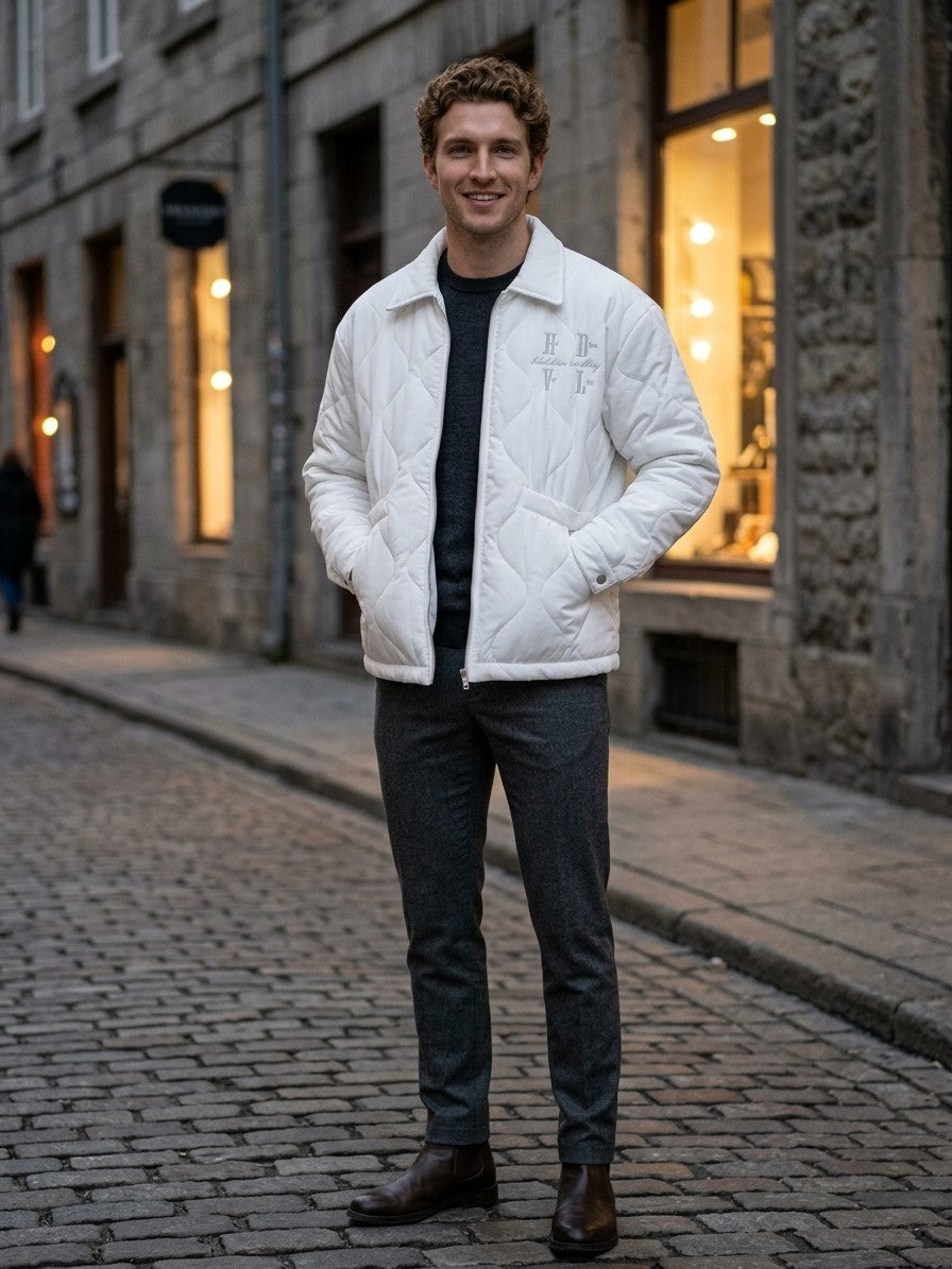 Saluzzo Men's Embroidered Onion-Quilted Jacket — white — lifestyle