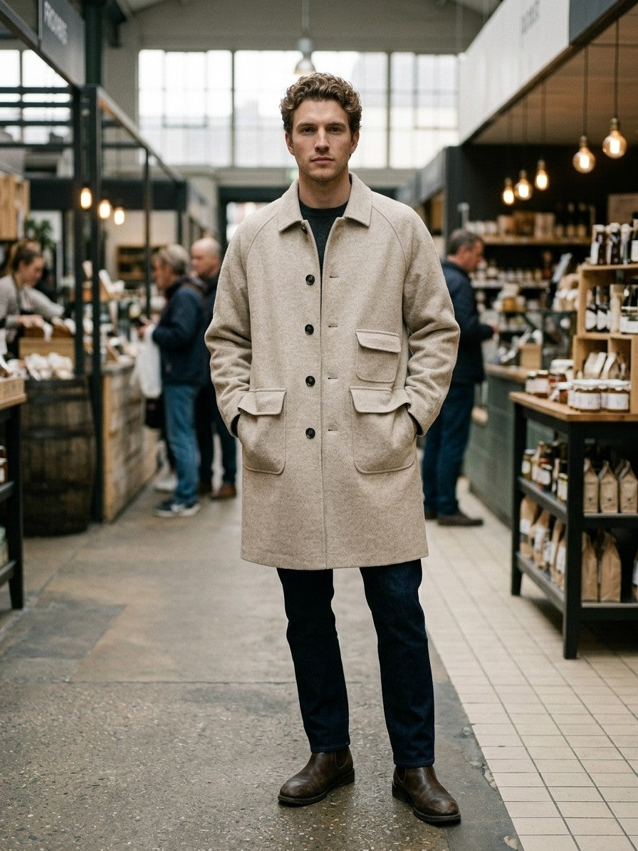 Sambuca Men's Double-Faced Wool Raglan Overcoat — oatmeal — lifestyle