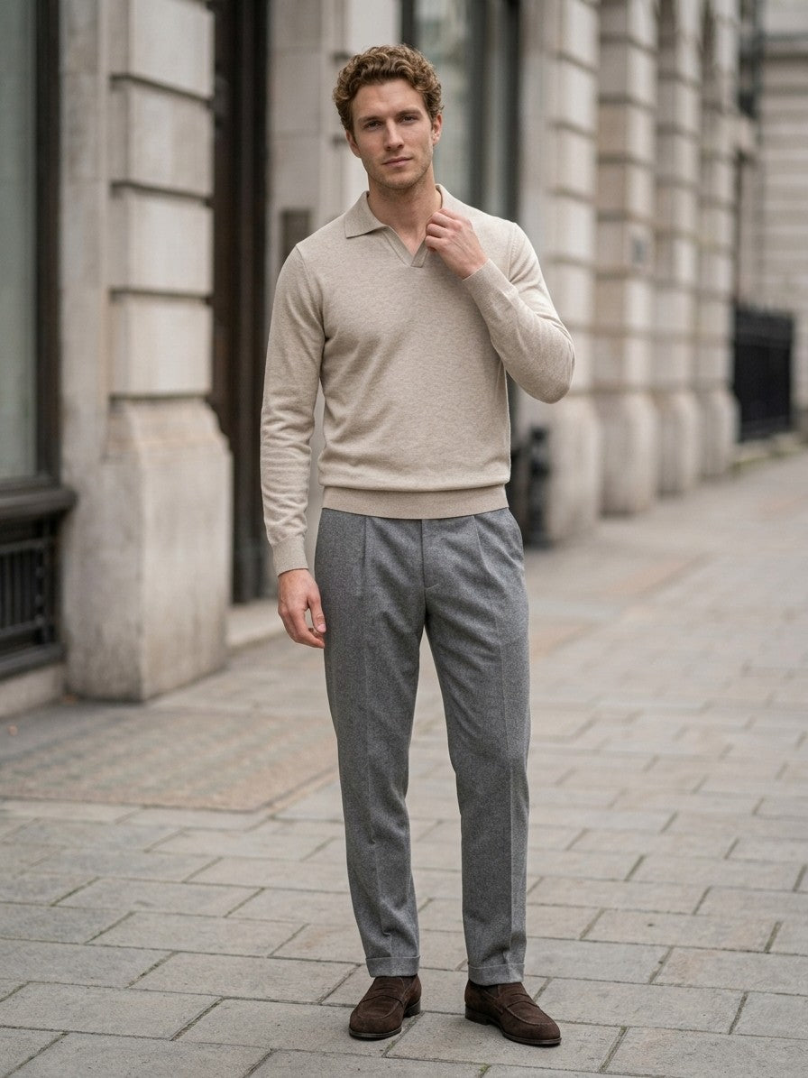 Sanremo Men's Long-Sleeve Knit Polo — beige — lifestyle