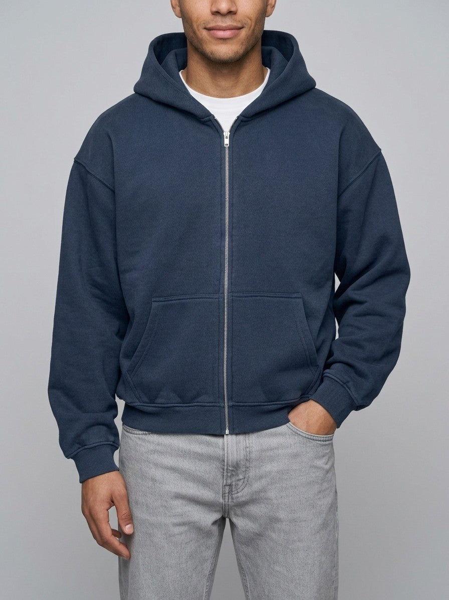 Sansepolcro Men's Oversized Heavyweight Zip Up Hoodie — navy — front